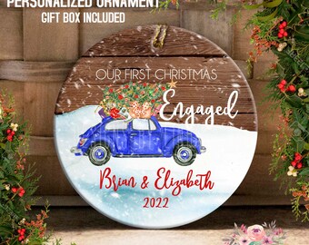 Engaged Ornament, First Christmas Engagement Ornament, Gift for Couple, Just Engaged Ornament, Custom Engagement Party Gift, Blue Car OCH259