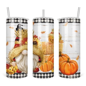 Scarecrow Gnome Skinny Tumbler, Fall Pumpkin Patch Gnome, Autumn 20 Oz. Tumbler with Lid and Straw, Pumpkin Travel Mug Gift for Her 7-FAL005