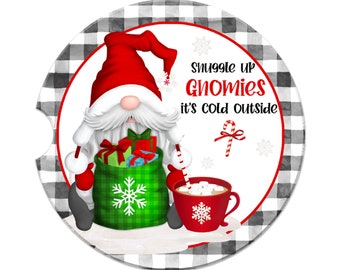 Car Accessory, Gnome Car Coaster Holiday Auto Cup Holder Sandstone Auto Coasters New Car Gift Snuggle Up Gnomies It's Cold Outside 7-XMS016