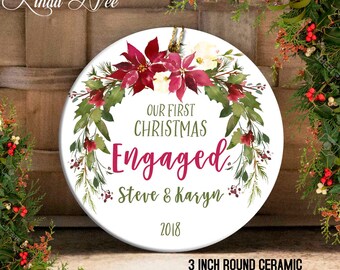 Engaged Christmas Ornament, Our First Christmas Engaged, Poinsettia Wreath, Mr and Mrs Ornament, Just Engaged Ornament, Custom Couple OCH128