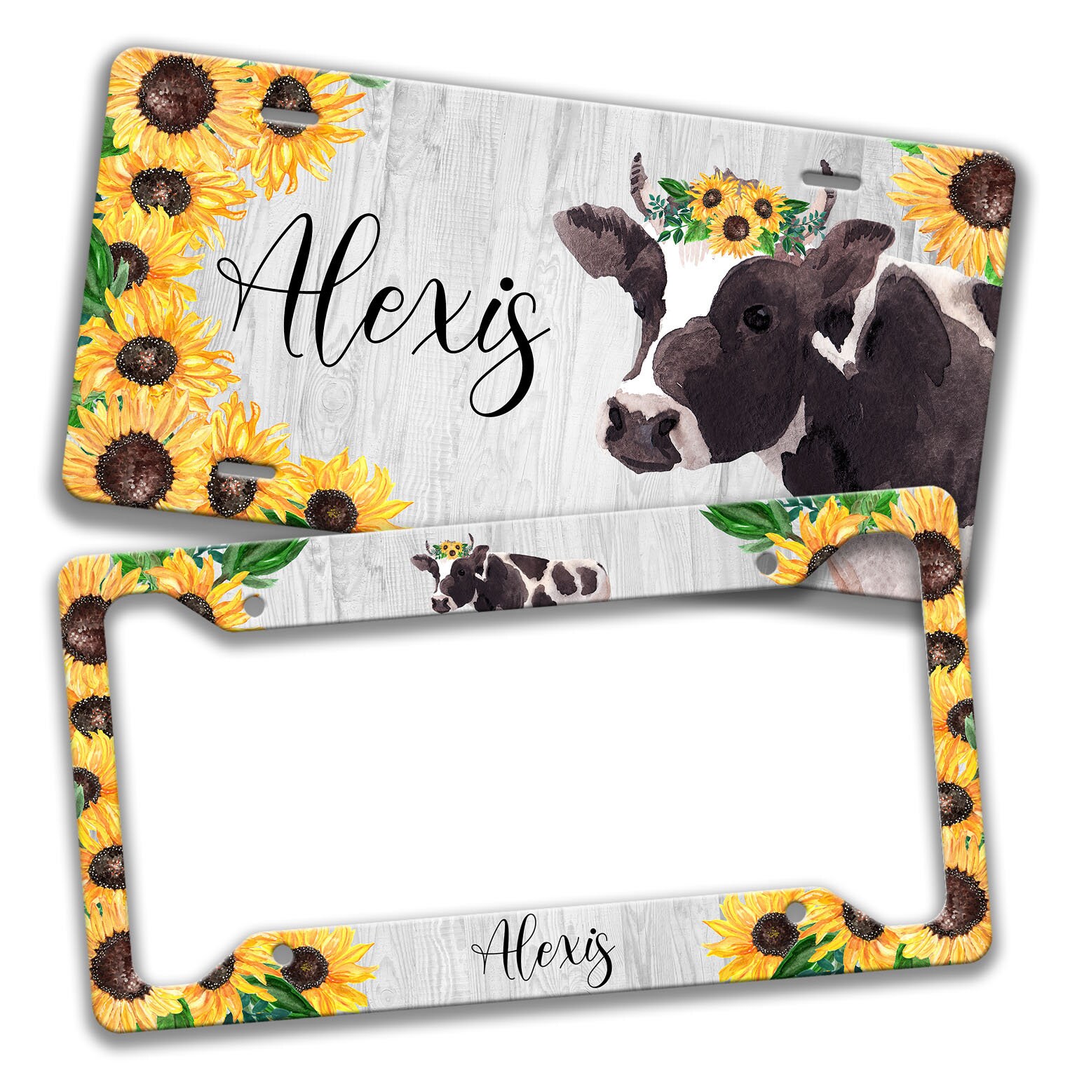 Cow Car Accessories, Monogrammed License Plate, Cow and Sunflowers License Plate and Frame, Custom Heifer Tag Cow Coasters Keychain Z-ALP014