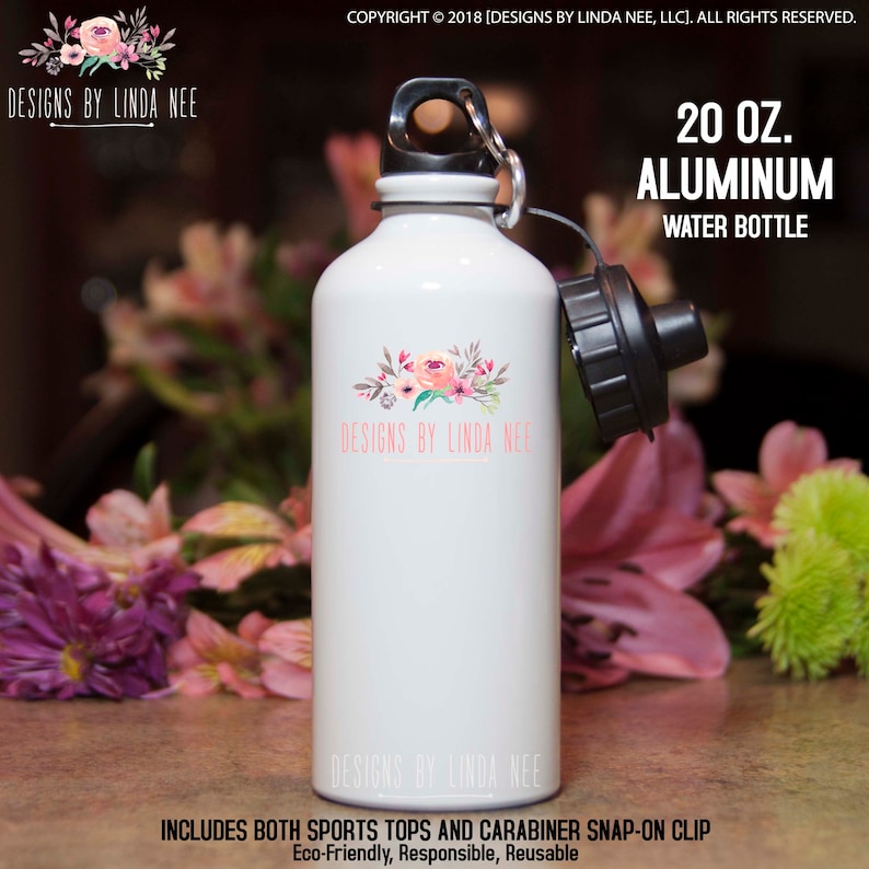 May include: White 20 oz. aluminum water bottle with a black cap and carabiner clip. The bottle features a floral design and the text "DESIGNS BY LINDA NEE". Includes both sports tops and carabiner snap-on clip. Eco-Friendly, Responsible, Reusable.