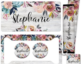 License Plate Personalized Plate and Frame Floral License Plate Car Accessories Custom Tag Seatbelt Cover Coasters Keychain Z-ALP006