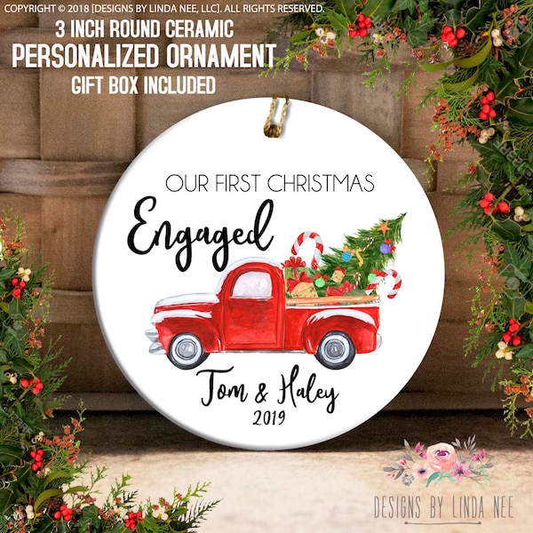 Our First Christmas Engaged Ornament | Personalized Engagement Gift | Red Truck Ornament | Couple Holiday Keepsake | Custom Names & Year