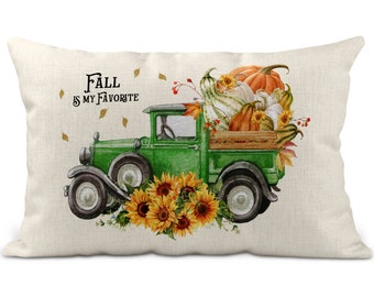 Hello Fall Lumbar Pillow Cover, Green Pickup Truck 12x20 Hello Fall Decor, Autumn Pumpkins, Pumpkin Pillow Decor Living Room Couch X-FAL012