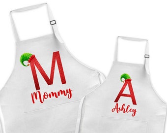 Kerstmis mama en ik schort, bijpassende schort set, gepersonaliseerde elf bakken schort, vakantie schort cadeau, aangepaste kerstkleding geschenken X-XMS047