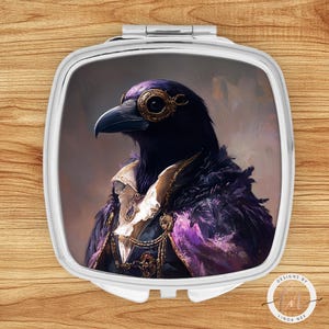 Anthropomorphic Raven Pocket Mirror, Animal Hand Mirror for Women, Goth Fashion Gifts for Her, Noble Raven Art, Purple Crow Mirror 6-GOT019