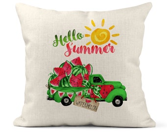 Hello Summer Watermelon Pillow Cover, 18 x 18" Pillow Cover, Summer Throw Pillow, Accent Pillow, Spring Decor, Vintage Pickup Truck J-HEL002