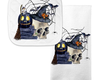 Halloween Dish Towels, Gothic Kitchen Hand Towel, Pot Spooky Skull, Witches Potions and Spells, Poison, Spooky Fall Decor Tea Towel X-HAL033