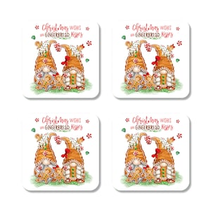 Gingerbread Gnome Coasters Set of 4, Christmas Coasters, Housewarming Gift, Drink Coasters, Christmas Gift, Coffee Coasters, 7-XMS013