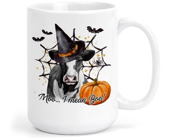 Moo I Mean Boo Coffee Mug, Cow Mug, Halloween Pumpkin Coffee Mug, Cute Highland Cow Coffee Cup, Fall Mug, Halloween Coffee Bar X-HAL026