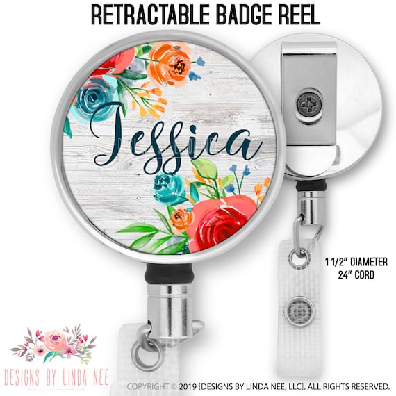 Personalized Retractable Floral Badge Reel Retractable Badge Reel Flower Badge Reel Teacher Badge Holder Custom Name Badge Reel BRP20