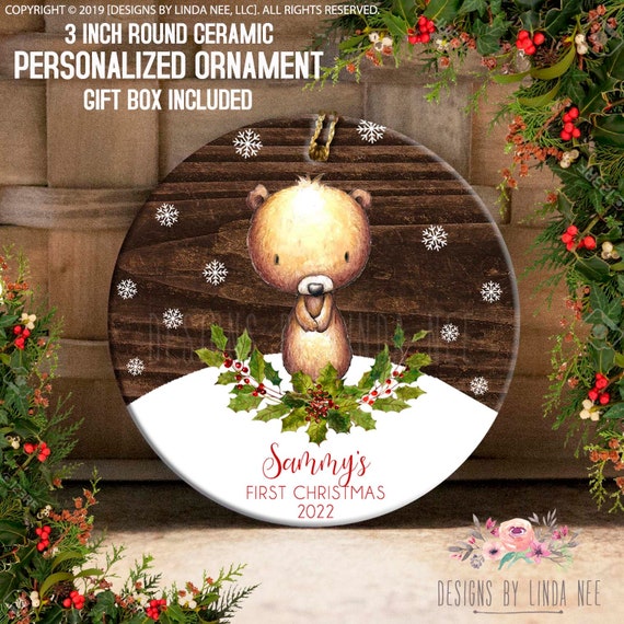 Baby's First Christmas Ornament, Personalized Woodland Bear and