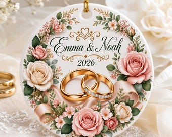 Enfeite de cerâmica personalizado para casamento, presente para recém-casados, lembrança personalizada com nome e data, presente para chá de panela, enfeite de casamento para pendurar.