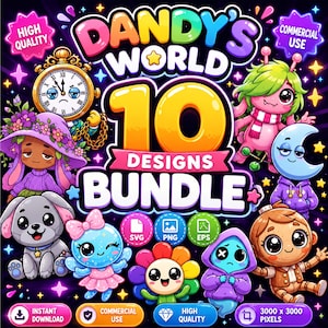 Puede incluir: Un paquete de gráficos digitales titulado Dandy's World 10 Designs Bundle que presenta coloridos personajes de dibujos animados, incluyendo un reloj, una criatura rosa, una luna, un cachorro, una flor y una muñeca de madera sobre fondo morado.