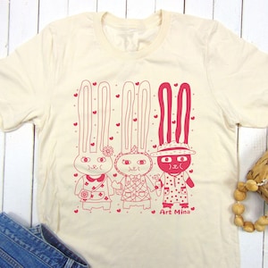 Bunny T-shirt Unisex, Kawaii Rabbits Tee, Screen Print, Funny Bunnies Soft Shirt