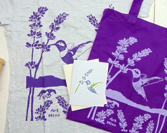 Hummingbird Mother's Day Gift Set - Screen Print - Lavender Women Soft  V-Neck Shirt, Purple Tote Bag, Notecard - FREE GIFT WRAPPING