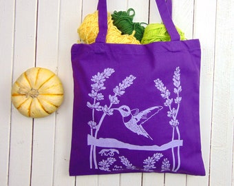 Lavender Hummingbird Purple Tote, Hnad Screen Printed, Medium Gift Handbag for Mom, [LIMITED EDITION] "Ojai Spirit"