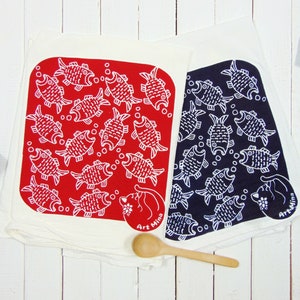 Cat and Fish Flour Sack Towel - Hand Screen Printed - "Hungry Cat, Sally's Dream'" Original Japanese Art Design