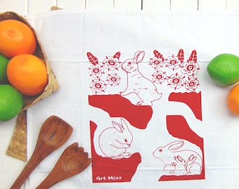 Hole Rabbit Cloth Napkin, Hand Screen Printed Bunies Small Towel, Easter Bunny Kitchen Decor, 100% Cotton Fablic Rabbits Napkins