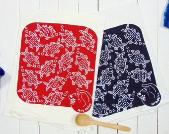 Cat & Fish Flour Sack Towels - Screen Print Tea Towel - Japanese Pattern - "Hungry Cat, Sally's Dream"