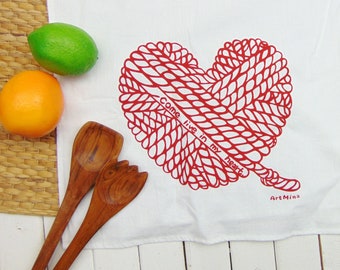 Yarn heart Ball Flour Sack Towel, Hand Screen Printed Kitchen Tea Towels, Valentine's Day Gifts for Knitters, "Come Live in My Heart"