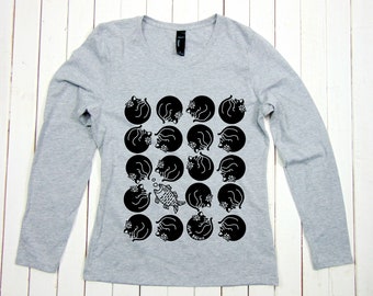 Black Cat Women's Long Sleeve Shirt, Screen Print, Gift for Cats Mom, 100% cotton