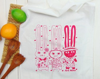Kawaii Rabbit Tea Towel - Bunny Tea Towels Flour Sack - Screen Printed Easter Bunnies Kitchen Deco - Gift for Rabbits Moms