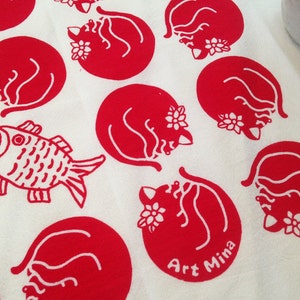 Cats and  Fish Tea Towel - Screen Print - Cat Pattern Dish Towel - Red Flour Sack Towels