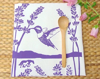 Hummingbird and Lavender Cloth Napkin, Hand Screen Printed towel, Purple Kitchen Decor, Ojai Countryside Scenes with Horses, 100% Cotton