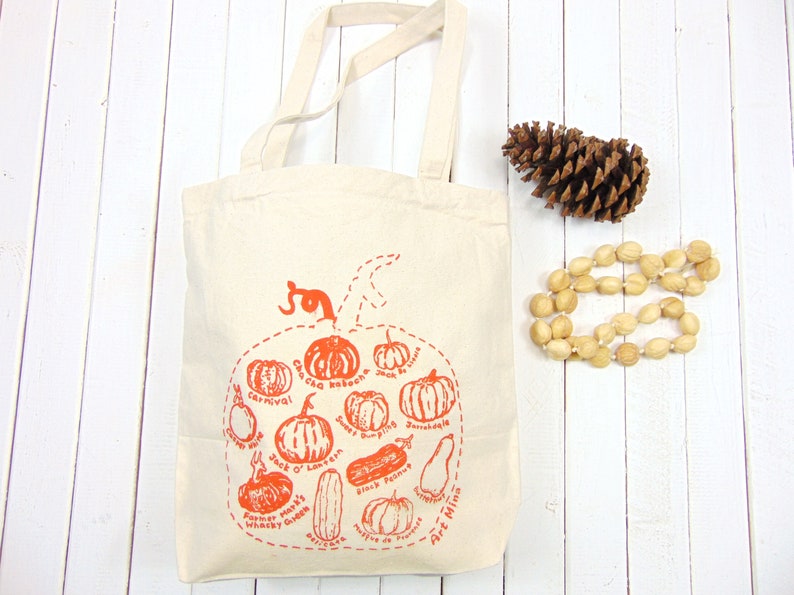 Pumpkin Sketch Canvas Tote Autumn Season Cotton Tote Fall Reusable Grocery Bag Squash Shoulder Bag Screen Print image 2