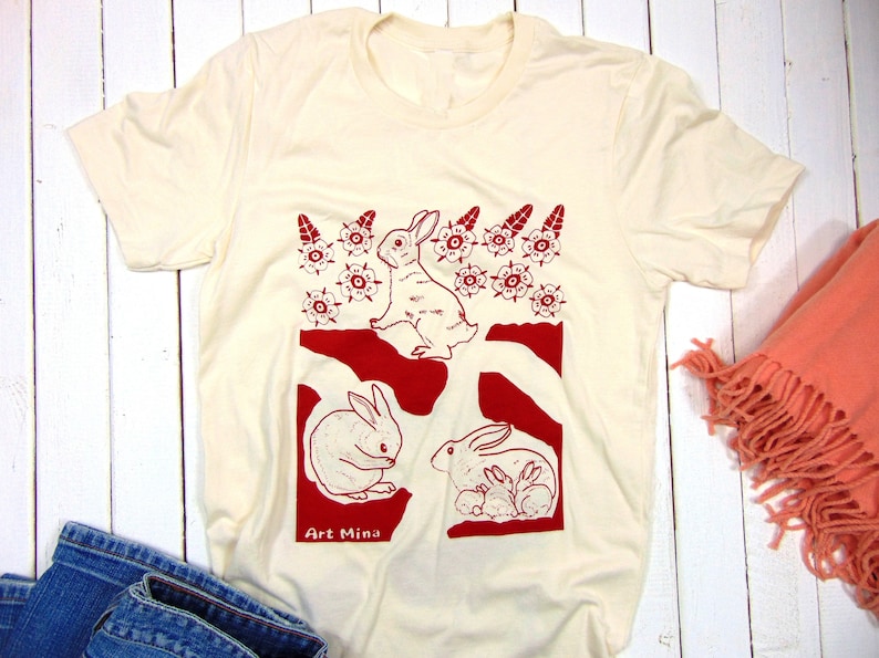 Unisex Soft T-shirt Rabbit Hole Screen Print Floral Bunny Shirt image 1