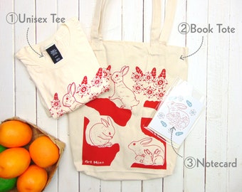 Rabbit Gift Set - Screen Print Bunny Shirt, Tote, Notecard - Rabbit Lover Gifts, FREE GIFT WRAPPING