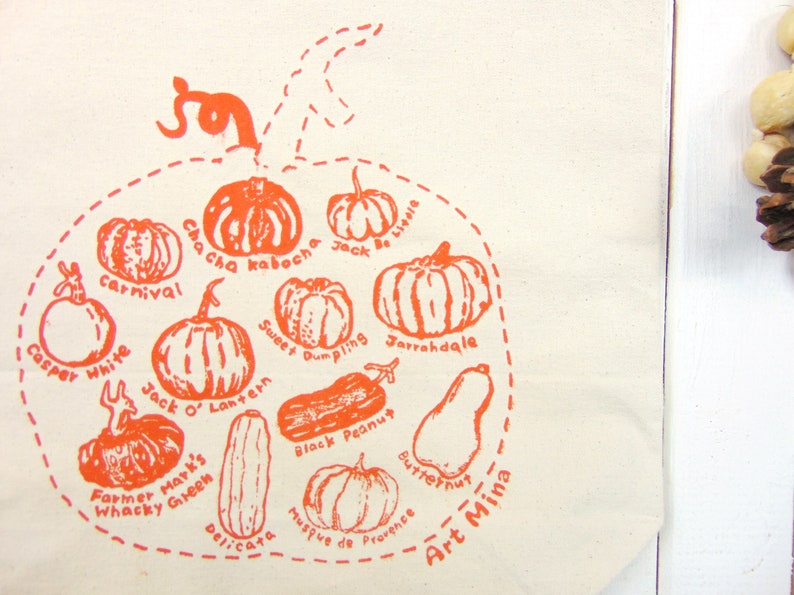 Pumpkin Sketch Canvas Tote Autumn Season Cotton Tote Fall Reusable Grocery Bag Squash Shoulder Bag Screen Print image 7