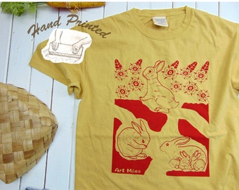 Rabbit Hole Vintage Style Tee, Hand Screen Printed Bunny T-shirt, Garment Dyed U.S. Grown 100% Cotton Shirt, Bunnies Gift tshirt