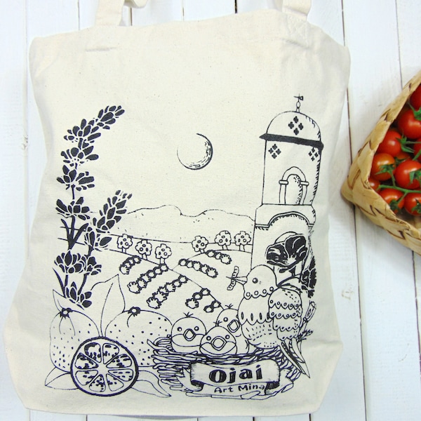 Ojai California - Canvas Tote Bags - Screen Print - Artsy Handbag - Medium Tote Red