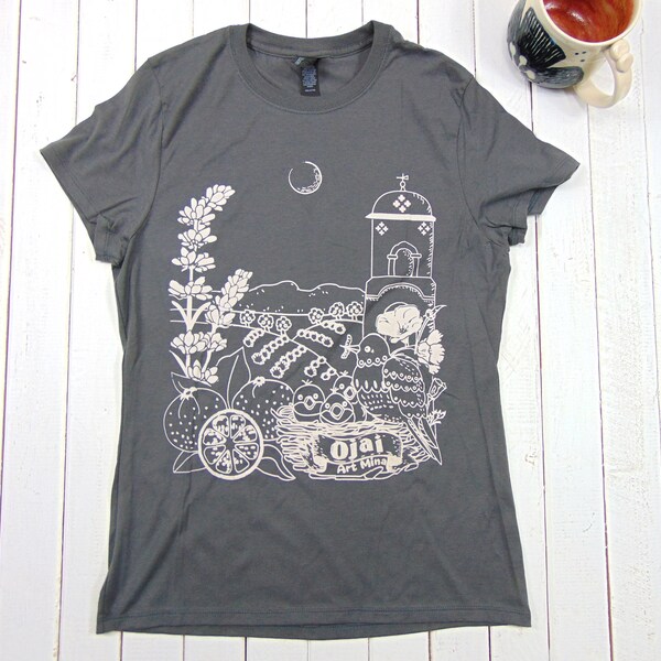Women's Soft T-shirt - Ojai California Tee - Color Smoke Gray - Discharge Screen Print- Gift for Mom