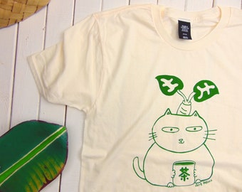 Green tea Cat T-shirt - Screen Printed - Ocha Neko with  Taro Plant - Unisex Soft Tee - Funny Hawaiian Shirt - Gift for Cat and Japan Lover