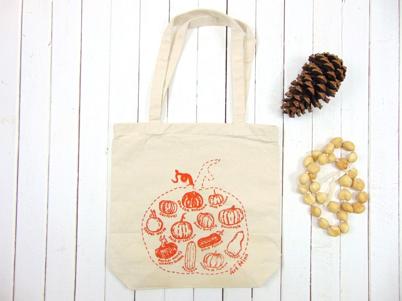 Pumpkin Sketch Canvas Tote Autumn Season Cotton Tote Fall Reusable Grocery Bag Squash Shoulder Bag Screen Print image 5