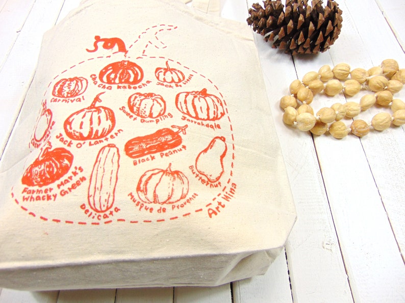 Pumpkin Sketch Canvas Tote Autumn Season Cotton Tote Fall Reusable Grocery Bag Squash Shoulder Bag Screen Print image 4