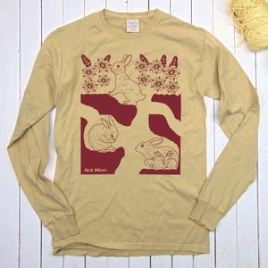 Hand Screen Printed Bunny T-Shirt: Garment-Dyed Cotton Long Sleeve Tee