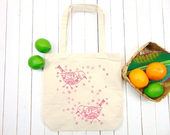 Hawaiian Bird Apapane Tote Bag, Silk Screen Print, Medium Canvas Shoulder Bag, Gift of The Island of Hawaii