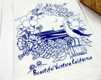 Flour Sack Towel - Beautiful Ventura California - Screen Print - Blue Tea Towel - Ventura Pier Beach