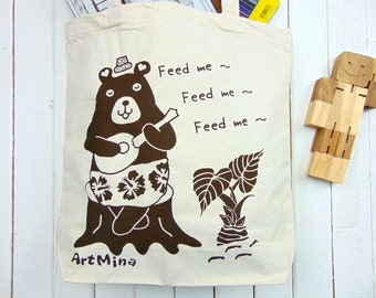 Ukulele Big Bear & Hawaiian Taro Plant Canvas Tote Bag, Hand Screen Printed, Feed me Bears Shoulder Bag,  Gift Shopper for Hawaii Lover