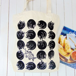 Black Cats & FIsh Canvas Tote Bag, Screen Print, 100% Cotton Sholder Bag, Medium Tote, Cat Lovers Gift