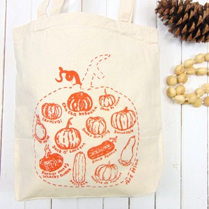 Pumpkin Sketch Canvas Tote Autumn Season Cotton Tote Fall Reusable Grocery Bag Squash Shoulder Bag Screen Print image 1