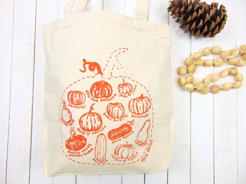 Pumpkin Sketch Canvas Tote Autumn Season Cotton Tote Fall Reusable Grocery Bag Squash Shoulder Bag Screen Print image 1