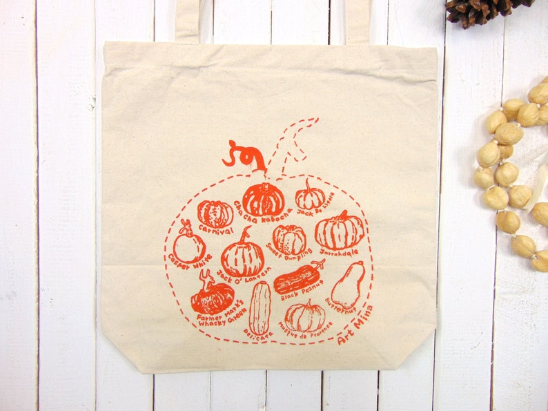 Pumpkin Sketch Canvas Tote Autumn Season Cotton Tote Fall Reusable Grocery Bag Squash Shoulder Bag Screen Print image 6