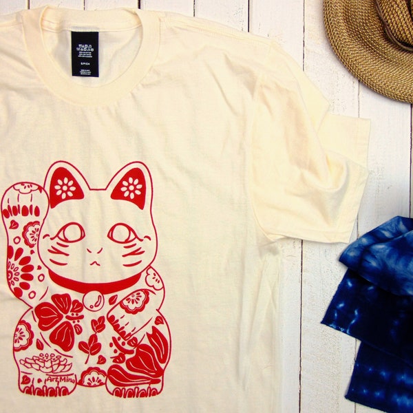 Aloha Lucky Cat T-shirt - Screen Printed - Hawaiian Maneki Neko - Unisex Soft Tee - Japanese Kitty - Gift for Cat Lover Mom