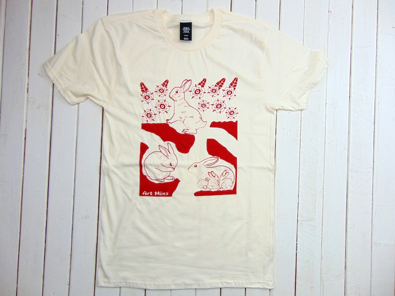 Unisex Soft T-shirt Rabbit Hole Screen Print Floral Bunny Shirt Parchment